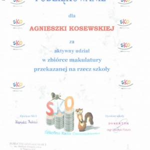 Podziękowanie dla Pani Agnieszki Kosewskiej za udział w zbiórce makulatury dla PSP w Nagoszewie